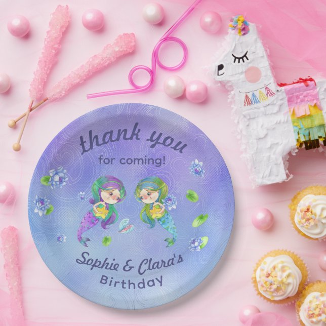 Cute Mermaids Under the Sea Twin Girls Birthday  Paper Plate (Party)