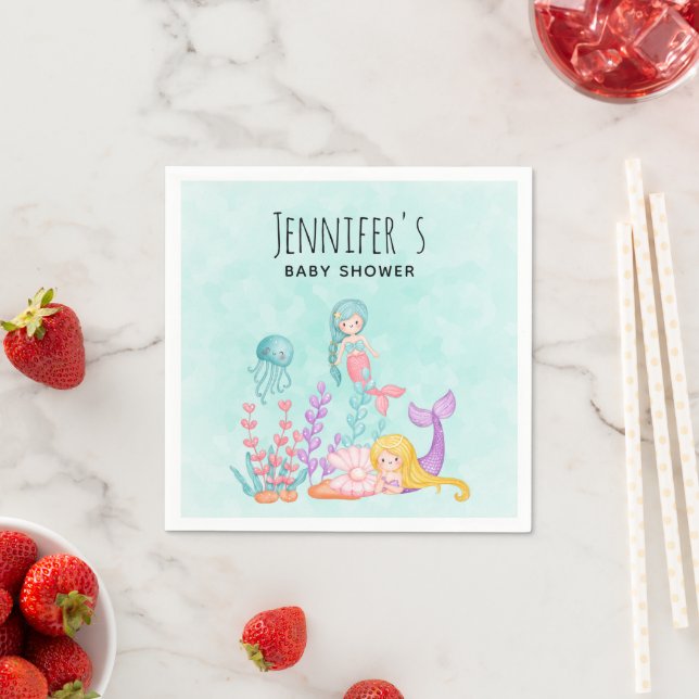 Cute Mermaids Under the Sea Watercolor Baby Shower Napkin (Insitu)