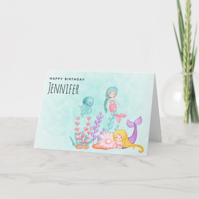 Cute Mermaids Under the Sea Watercolor Birthday Card (Front)
