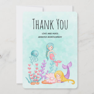 Cute Mermaids Under the Sea Watercolor Thank You Card