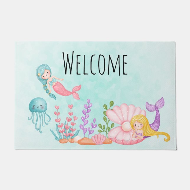 Cute Mermaids Under the Sea Watercolor Welcome Doormat (Front)