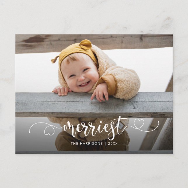 Cute Merriest Modern Calligraphy Photo Holiday Postcard (Front)