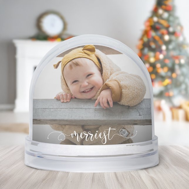 Cute Merriest Modern Calligraphy Photo Snow Globe (Creator Uploaded)