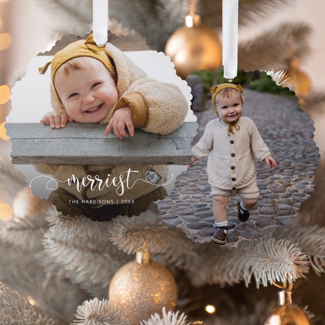 Cute Merriest Modern Calligraphy Photo Tree Decoration Card (Creator Uploaded)