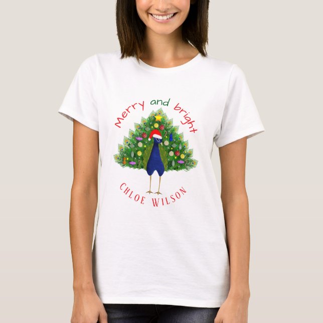 Cute Merry and Bright Christmas Tree Peacock T-Shirt (Front)
