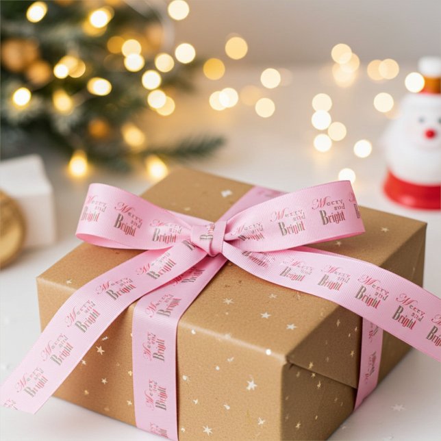 Cute Merry and Bright Stripe on Cotton Candy Pink Grosgrain Ribbon (Creator Uploaded)