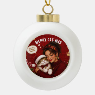 Cute Merry Cat-Mas Crimson Christmas Photo Name Ceramic Ball Christmas Ornament