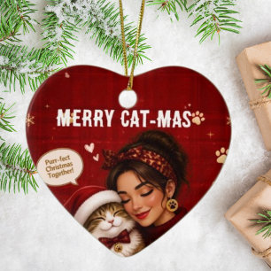Cute Merry Cat-Mas Crimson Christmas Photo Name Ceramic Tree Decoration