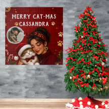 Cute Merry Cat-Mas Crimson Christmas Photo Name