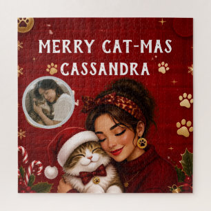 Cute Merry Cat-Mas Crimson Christmas Photo Name Jigsaw Puzzle