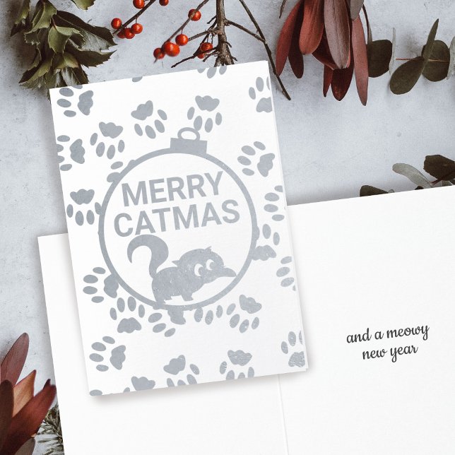 Cute Merry Catmas Kitty Cat Foil Christmas Card (Merry Catmas from my black cat to yours!)