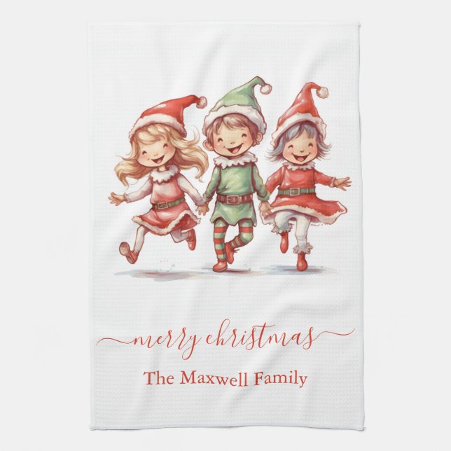 Cute merry christmas 3 elves family name tea towel (Vertical)