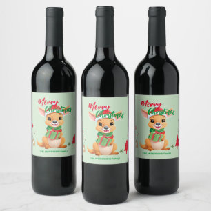 Cute merry christmas Baby Kangaroo Santa Scarf hol Wine Label