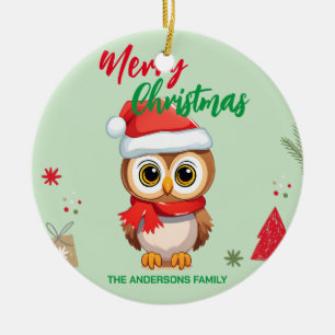 Cute merry christmas Baby Owl Santa Scarf holiday  Ceramic Tree Decoration