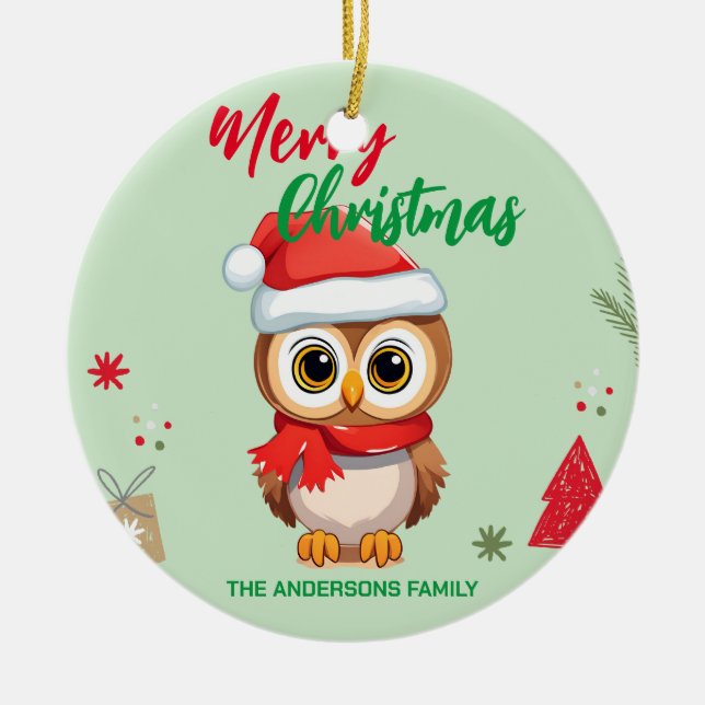 Cute merry christmas Baby Owl Santa Scarf holiday  Ceramic Tree Decoration (Front)