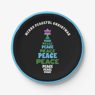 Cute Merry Christmas Blue and Green Peace Tree Paper Plate