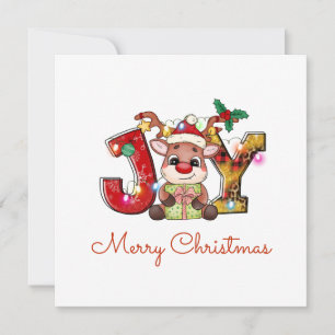 Cute Merry Christmas Calf Joy Santa Hat Holly Star Holiday Card