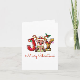 Cute Merry Christmas Calf Joy Santa Hat Holly Star Holiday Card
