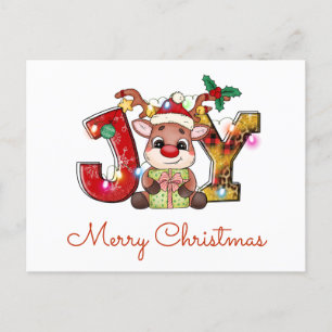 Cute Merry Christmas Calf Joy Santa Hat Holly Star Holiday Postcard