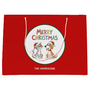 Cute Merry Christmas Cat and Dog with Santa Hats Large Gift Bag