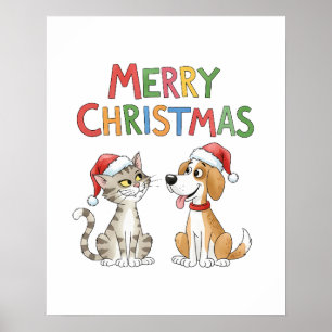 Cute Merry Christmas Cat and Dog with Santa Hats Poster