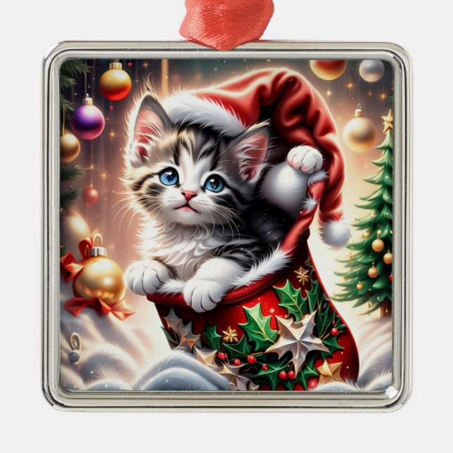 cute Merry Christmas Cat  Metal Tree Decoration (Front)