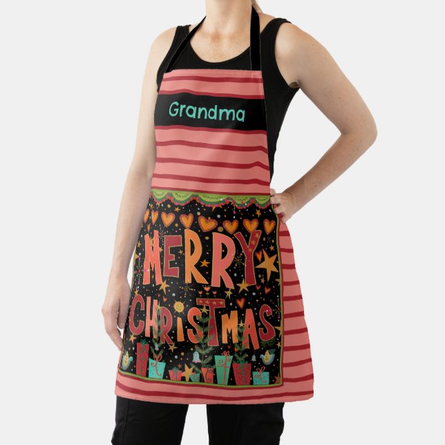 Cute Merry Christmas Customised Name Pink Stripe Apron (Insitu)