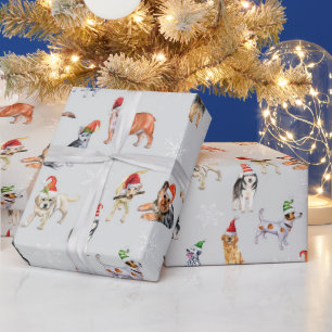 Cute Merry Christmas Dogs with Santa Hats  Wrapping Paper
