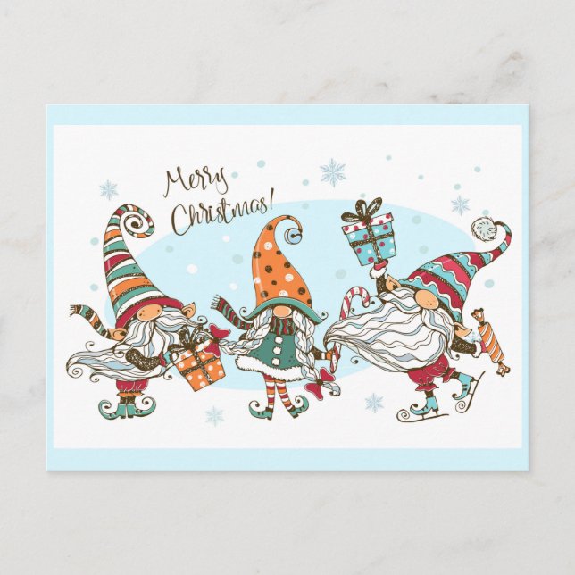 Cute Merry Christmas Elves Gnomes Watercolor Fun Postcard (Front)