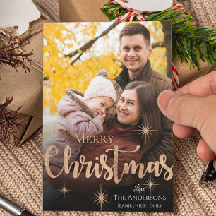 Cute Merry Christmas Faux Rose Gold Star Photo Holiday Card