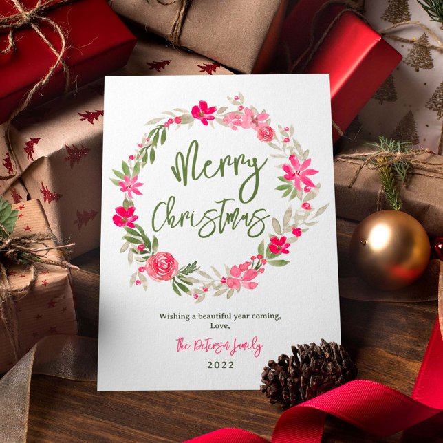 Cute merry christmas floral wreath no photo holiday card (Creator Uploaded)