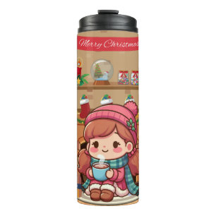 Cute Merry Christmas girl with cocoa Thermal Tumbler