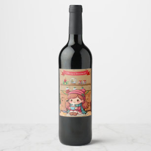 Cute Merry Christmas girl with cocoa Wine Label