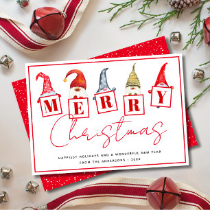 Cute Merry Christmas Gnomes Signs Red Holiday Card