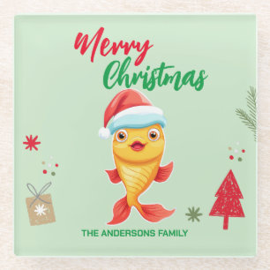 Cute merry Christmas gold fish Santa Scarf holiday Glass Coaster