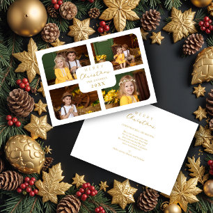 Cute Merry Christmas Gold Minimal 4 Photos Collage Holiday Card