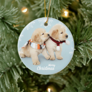 Cute Merry Christmas golden retriever puppies Ceramic Tree Decoration