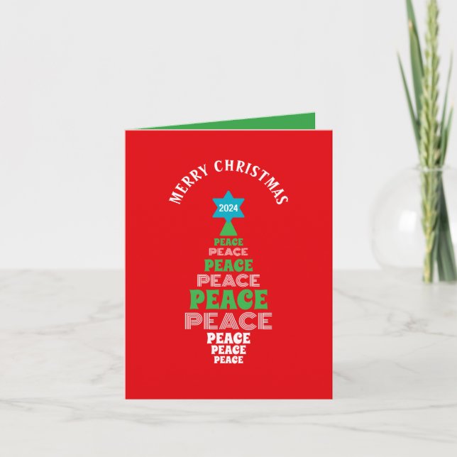 Cute Merry Christmas Green Peace Tree Initial Red Card (Front)