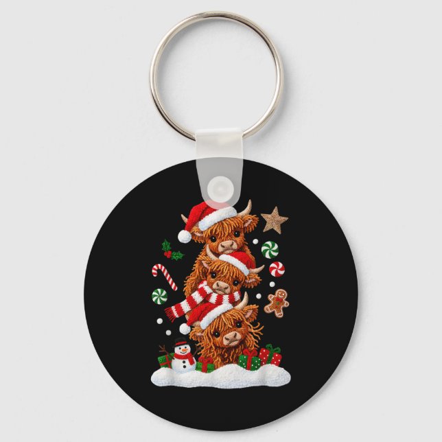 Cute Merry Christmas Highland Cow Christmas Santa  Key Ring (Front)