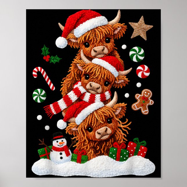 Cute Merry Christmas Highland Cow Christmas Santa  Poster (Front)