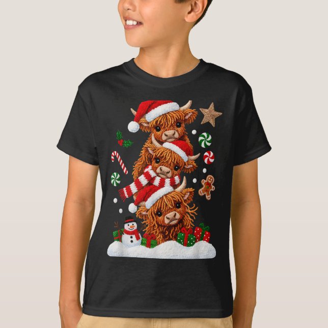 Cute Merry Christmas Highland Cow Christmas Santa  T-Shirt (Front)