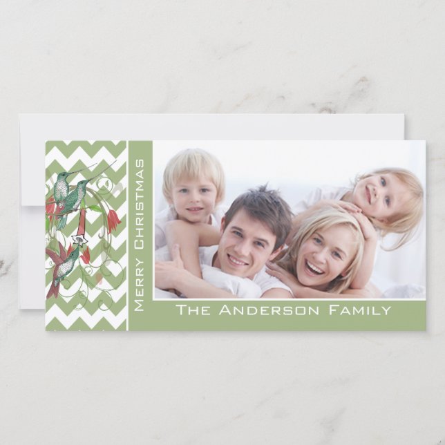 Cute Merry Christmas Hummingbirds Chevron Pattern Holiday Card (Front)
