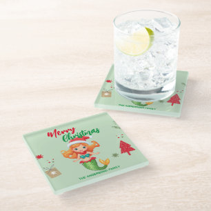 Cute merry Christmas Mermaid Santa Scarf holiday Glass Coaster