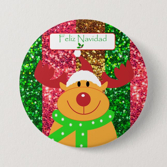 Cute Merry Christmas Moose Button "Feliz Navidad" (Front)