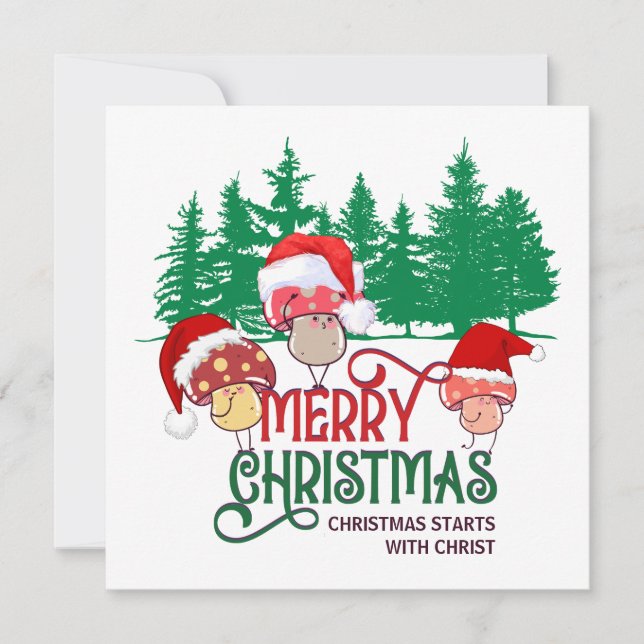 Cute MERRY CHRISTMAS MUSHROOM Christian Holiday Card (Front)