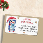 Cute Merry Christmas Penguin Return Address Label<br><div class="desc">An adorable penguin on white background with elegant red typography decorates these cute Merry Christmas return address labels. Change text and greeting to make it yours using the Template provided. If you need more space, use lowercase letters on one or all lines. A minimum purchase of five sheets of 18...</div>