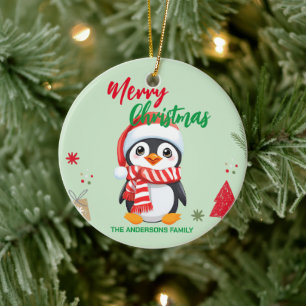 Cute merry Christmas penguin Santa Scarf holiday  Ceramic Tree Decoration