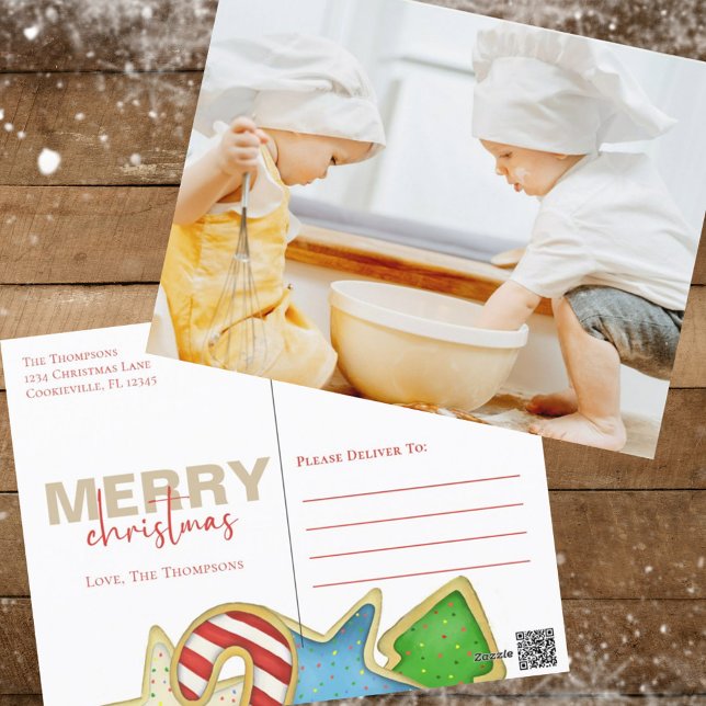 Cute Merry Christmas Photo Cookies Holiday Postcard (Merry Christmas holiday photo postcard with whimsical colorful Christmas cookies. )