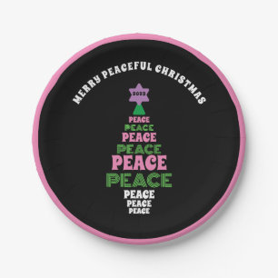 Cute Merry Christmas Pink and Green Peace Tree Paper Plate