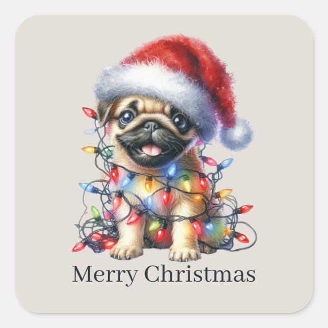 Cute Merry Christmas puppy customisable  Square Sticker (Front)